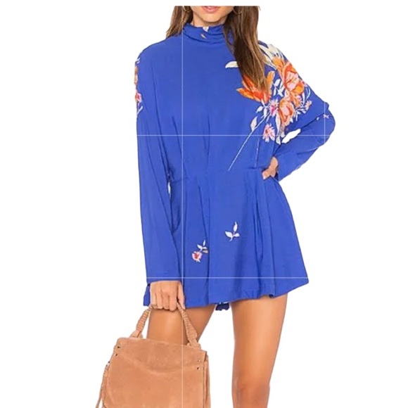 FREE PEOPLE GEMMA  OPEN BACK LONG SLEEVE TROPICAL FLORAL MINI DRESS BLUE MEDIUM - Picture 3 of 8
